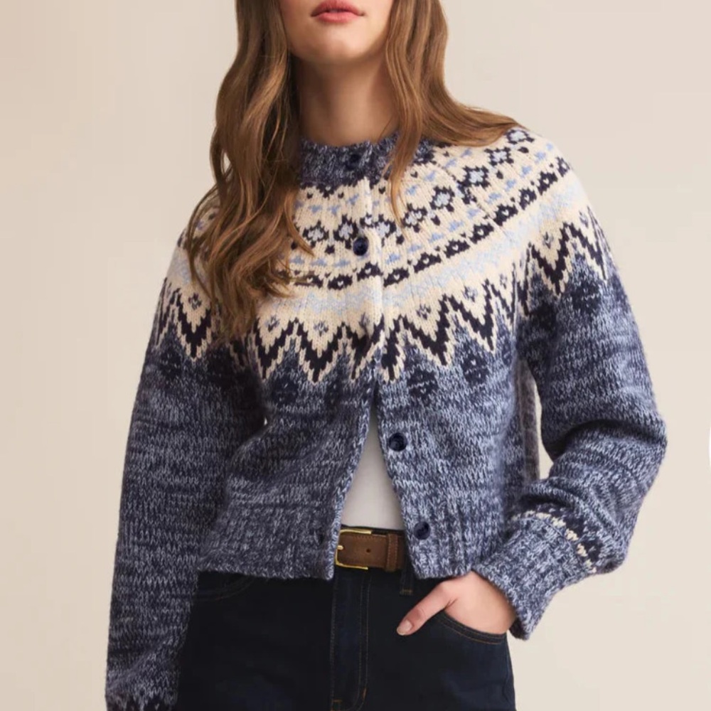 Z Supply North Sea Fair Isle Cardigan in Blue Velvet Small New